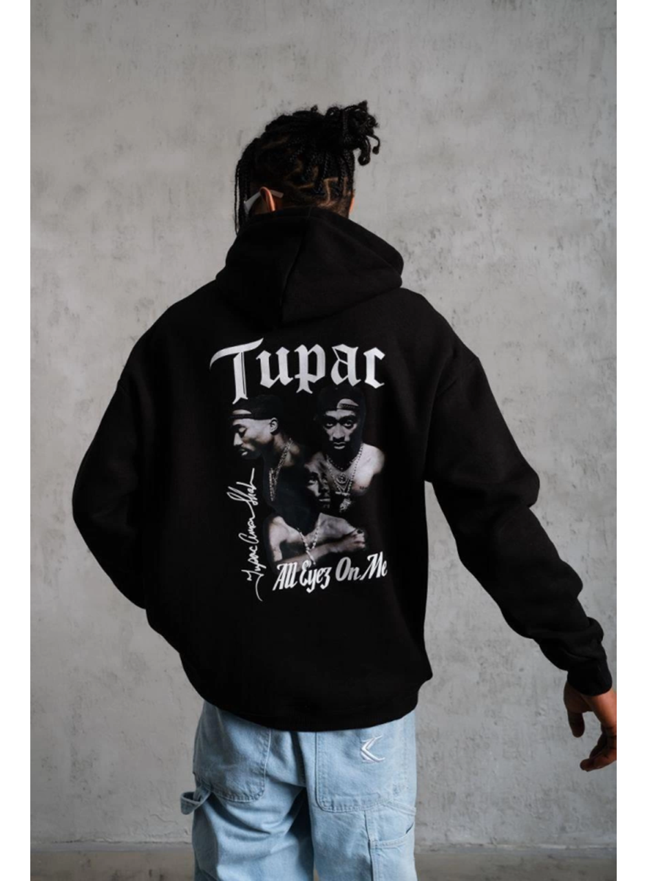 Erkek Oversize Üç İplik Kapüşonlu Sweat – Siyah Kol Ve Etek Ribana Detaylı, Ön Ve Sırt Baskılı, Kanguru Cepli Rahat Kalıp Model