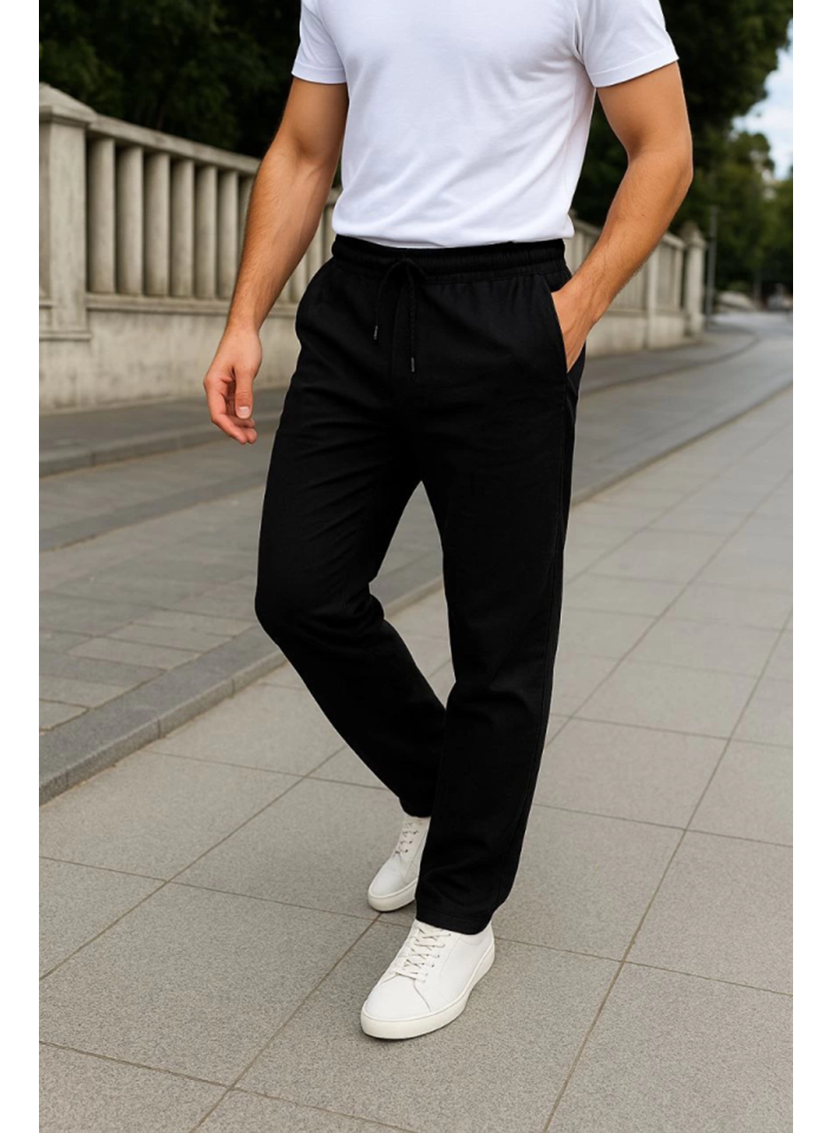 Erkek Keten Pantolon – Cepli, Beli Lastikli Ve Bağcıklı, Nefes Alan Rahat Kalıp, Yazlık Ve Baharlık Günlük Giyim, Şık - Konforlu Boru Paça Model - Siyah