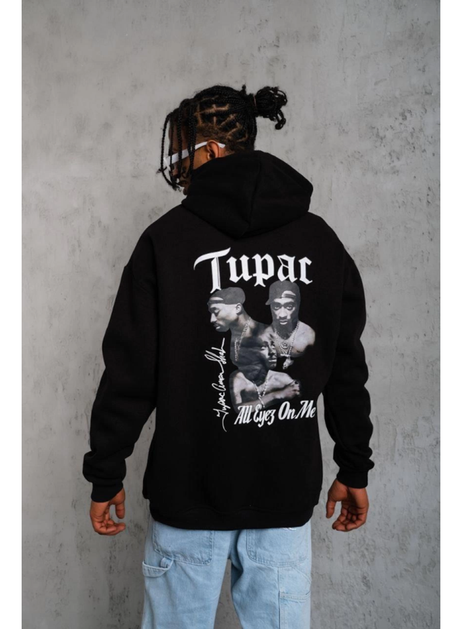 Erkek Oversize Üç İplik Kapüşonlu Sweat – Siyah Kol Ve Etek Ribana Detaylı, Ön Ve Sırt Baskılı, Kanguru Cepli Rahat Kalıp Model