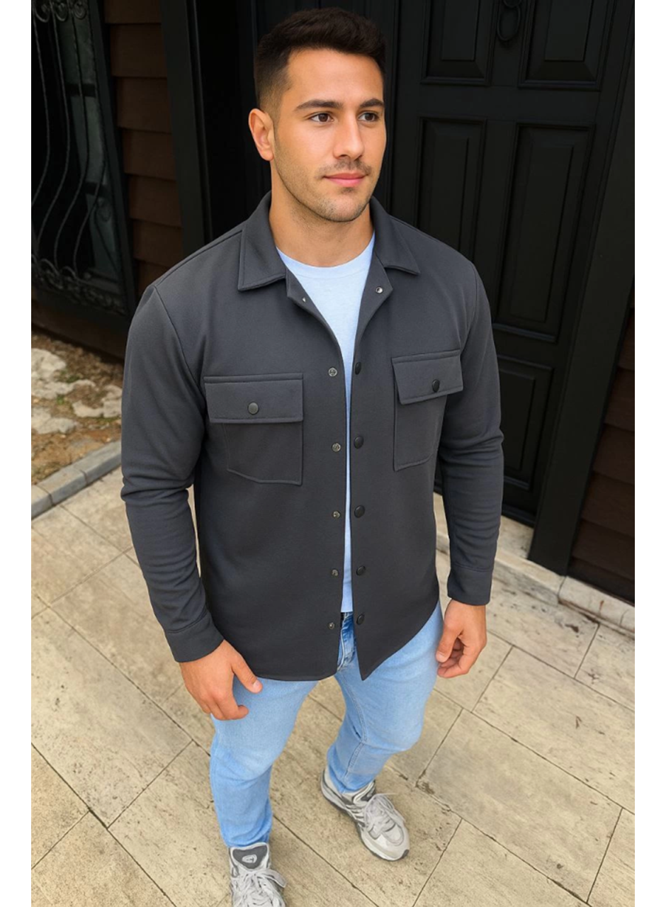 Erkek Diagonal Kumaş Cepli Çıtçıtlı Uzun Kollu, Gömlek Oversize Rahat Kalıp Günlük Şık Stil - Füme