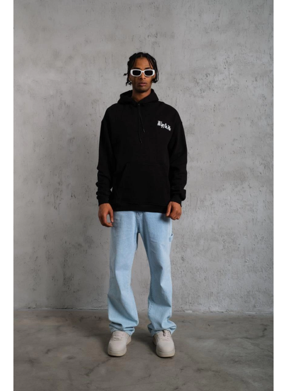 Erkek Oversize Üç İplik Kapüşonlu Sweat – Siyah Kol Ve Etek Ribana Detaylı, Ön Ve Sırt Baskılı, Kanguru Cepli Rahat Kalıp Model