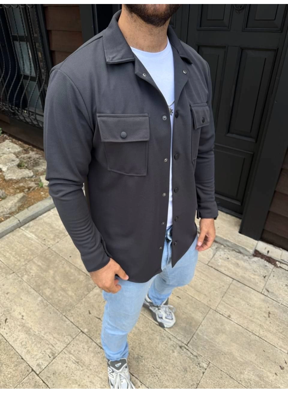 Erkek Diagonal Kumaş Cepli Çıtçıtlı Uzun Kollu, Gömlek Oversize Rahat Kalıp Günlük Şık Stil - Füme