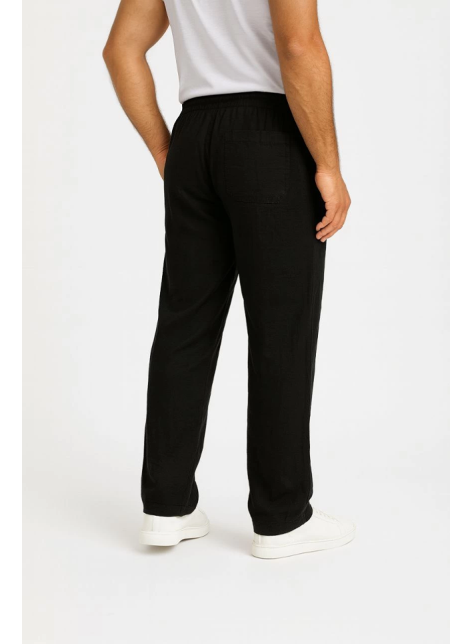 Erkek Keten Pantolon – Cepli, Beli Lastikli Ve Bağcıklı, Nefes Alan Rahat Kalıp, Yazlık Ve Baharlık Günlük Giyim, Şık - Konforlu Boru Paça Model - Siyah