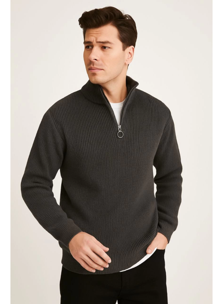 Erkek Yarım Fermuarlı Triko Kazak – Selanik Örgü, Dik Yaka, Pamuklu Dokuma, Regular Fit Uzun Kollu Kışlık Model - Füme