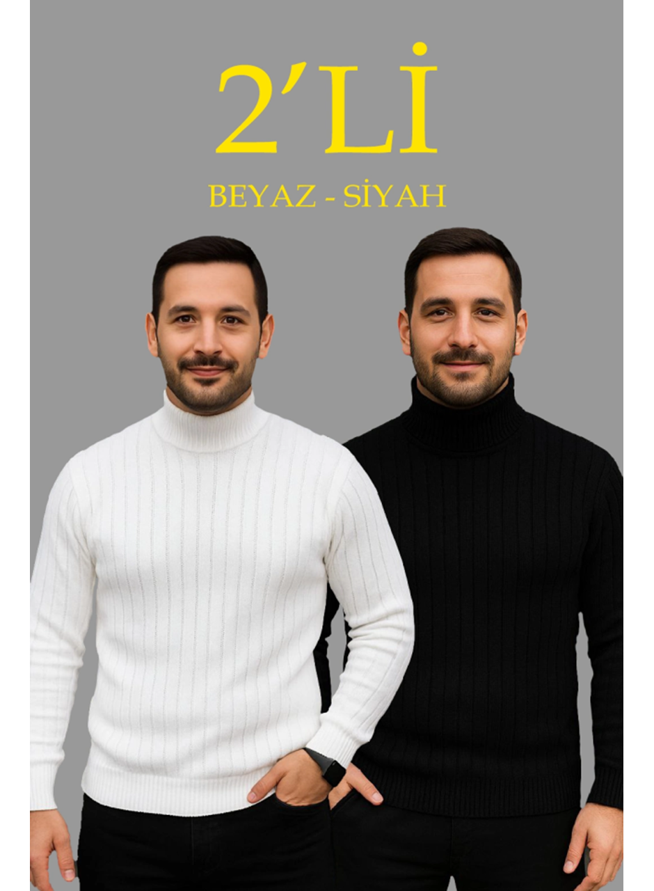 Erkek Fitilli Triko Kazak 2li Set Beyaz Siyah Regular Balıkcı Yaka Tam Boğazlı Triko Seti Modeli Kazak