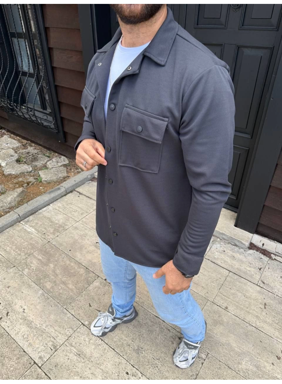 Erkek Diagonal Kumaş Cepli Çıtçıtlı Uzun Kollu, Gömlek Oversize Rahat Kalıp Günlük Şık Stil - Füme