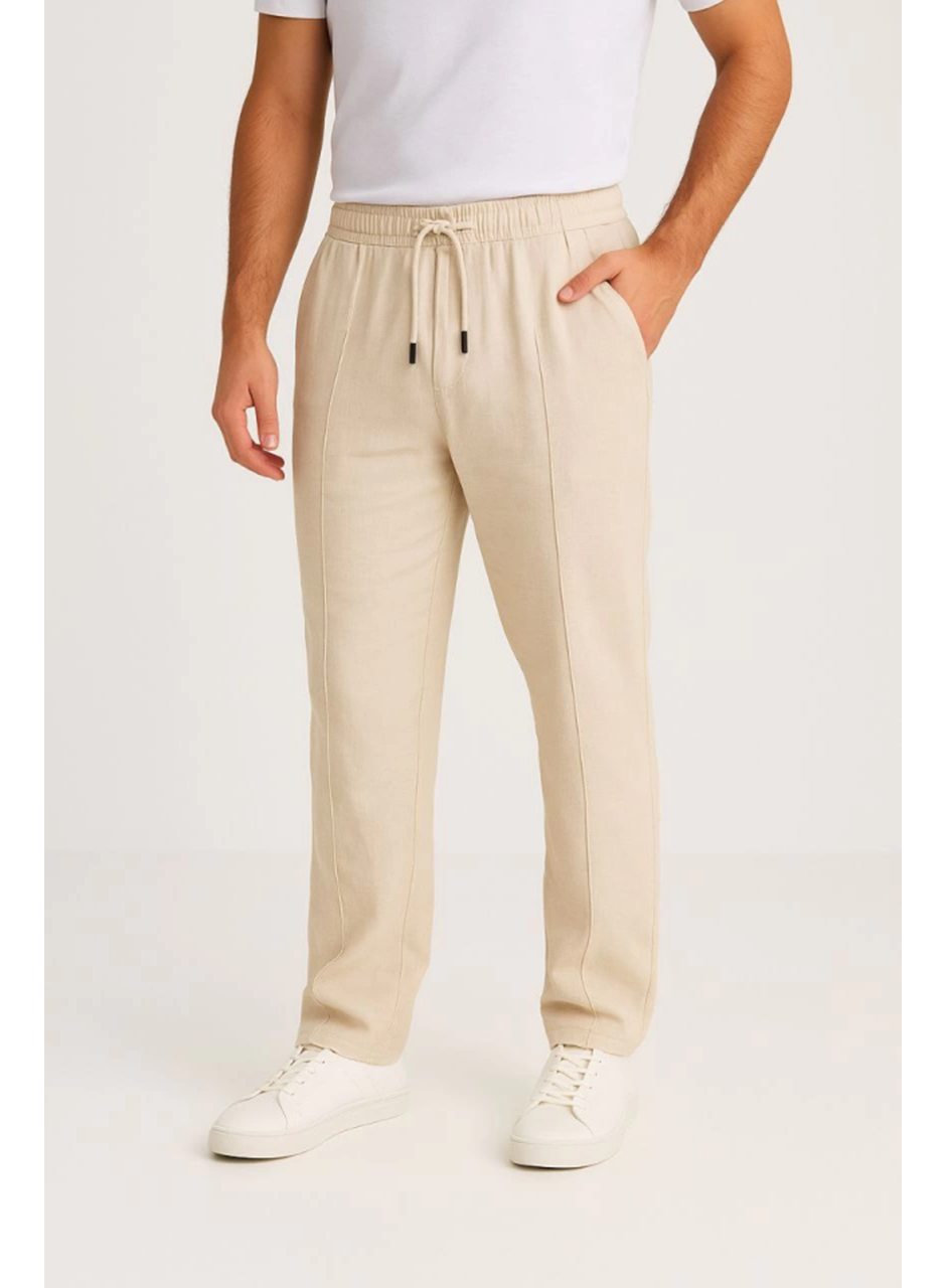 Erkek Keten Pantolon – Cepli, Beli Lastikli Ve Bağcıklı, Nefes Alan Rahat Kalıp, Yazlık Ve Baharlık Günlük Giyim, Şık - Konforlu Boru Paça Model - Bej