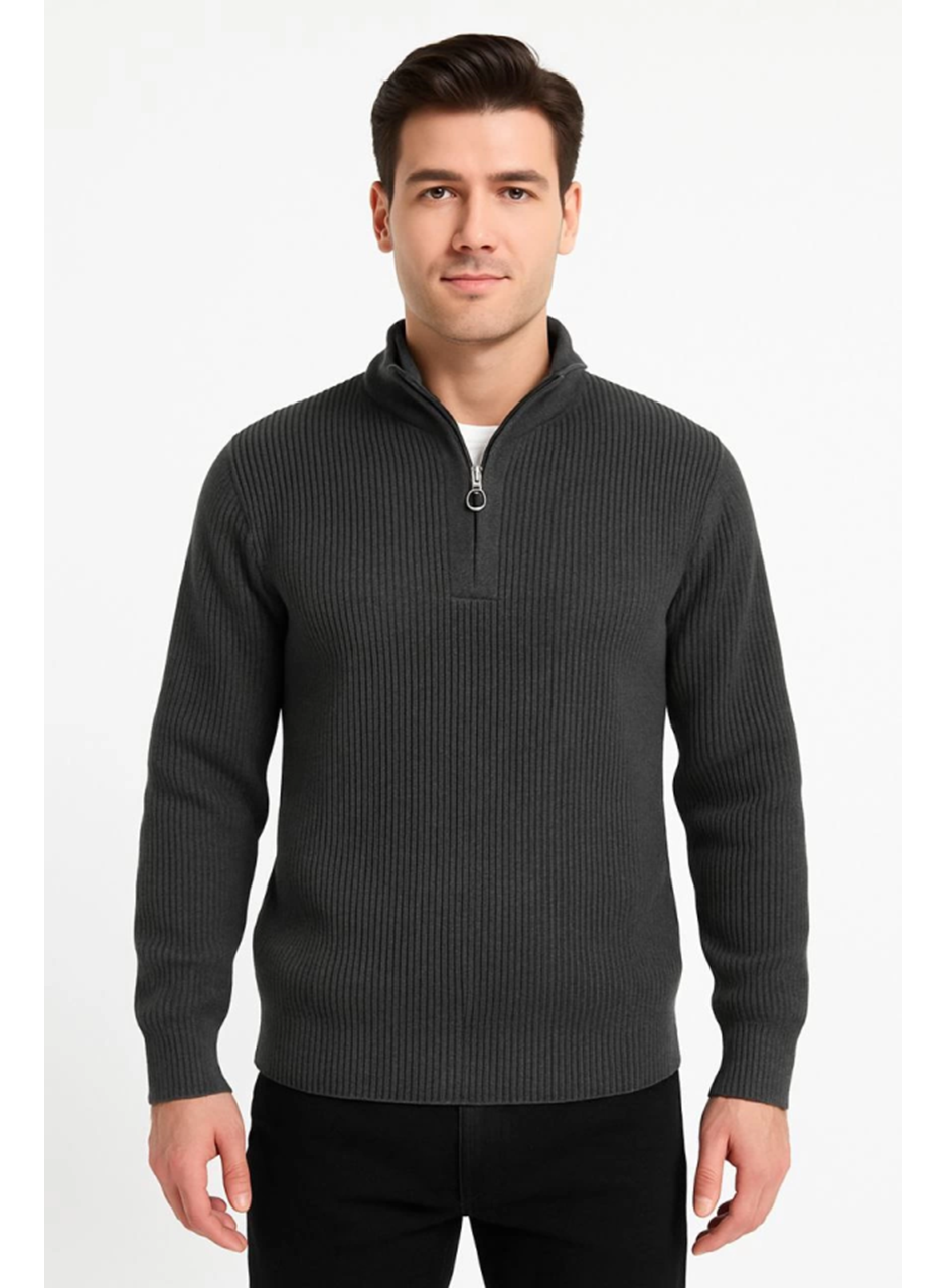 Erkek Yarım Fermuarlı Triko Kazak – Selanik Örgü, Dik Yaka, Pamuklu Dokuma, Regular Fit Uzun Kollu Kışlık Model - Füme