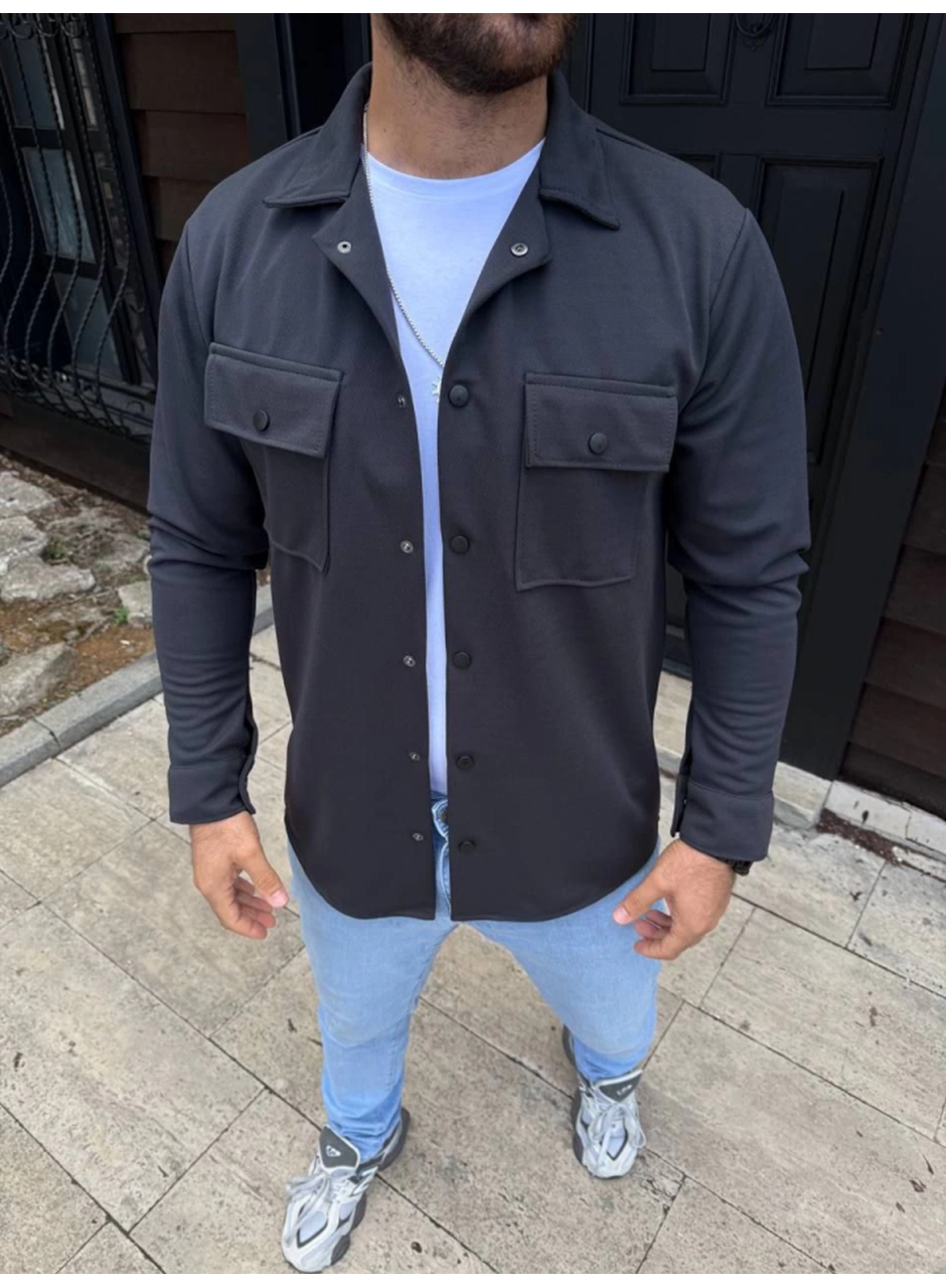Erkek Diagonal Kumaş Cepli Çıtçıtlı Uzun Kollu, Gömlek Oversize Rahat Kalıp Günlük Şık Stil - Füme