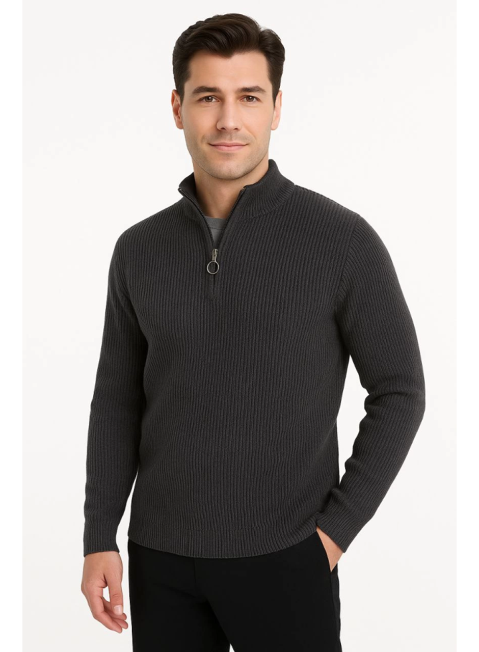 Erkek Yarım Fermuarlı Triko Kazak – Selanik Örgü, Dik Yaka, Pamuklu Dokuma, Regular Fit Uzun Kollu Kışlık Model - Füme