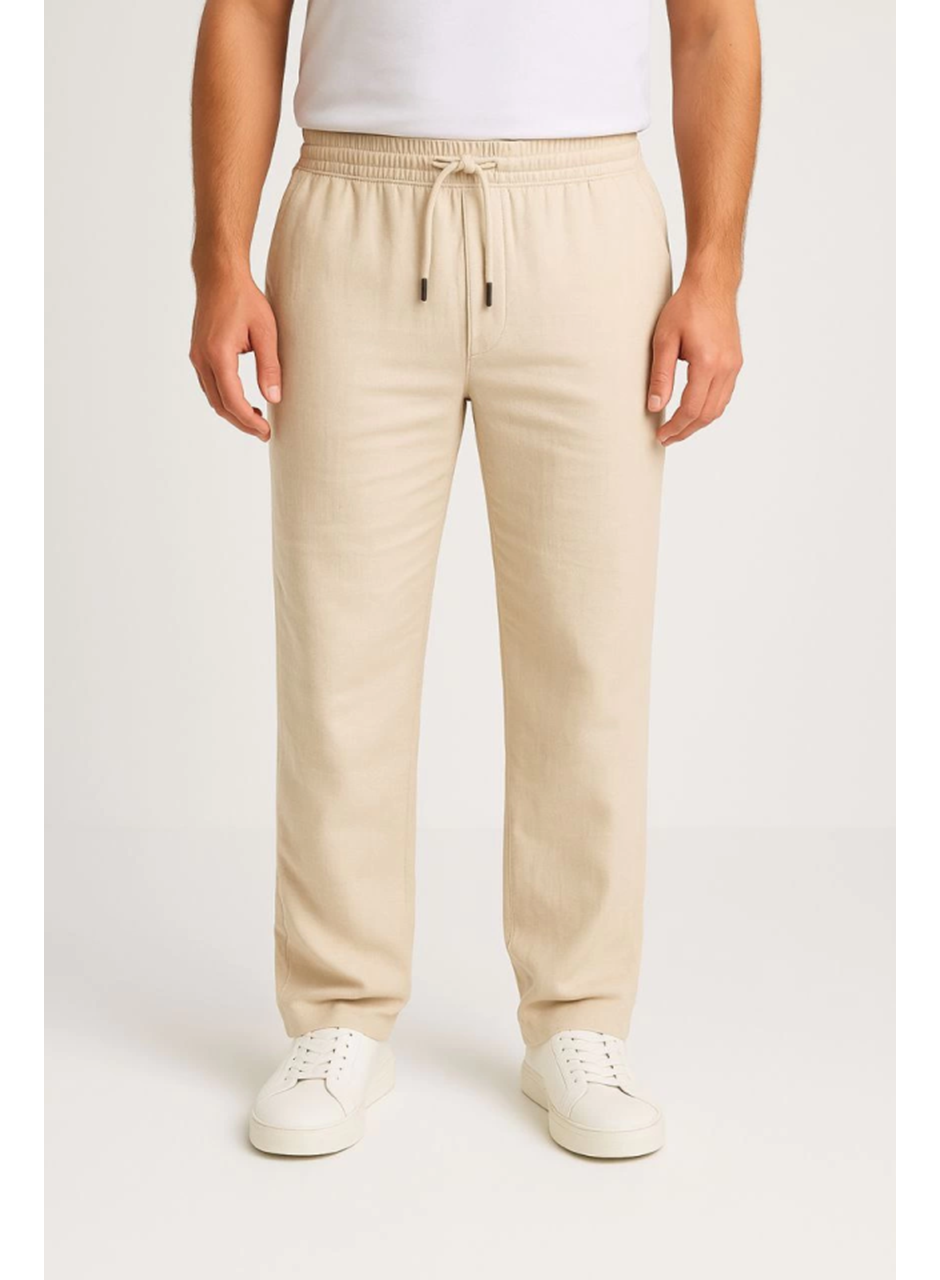 Erkek Keten Pantolon – Cepli, Beli Lastikli Ve Bağcıklı, Nefes Alan Rahat Kalıp, Yazlık Ve Baharlık Günlük Giyim, Şık - Konforlu Boru Paça Model - Bej