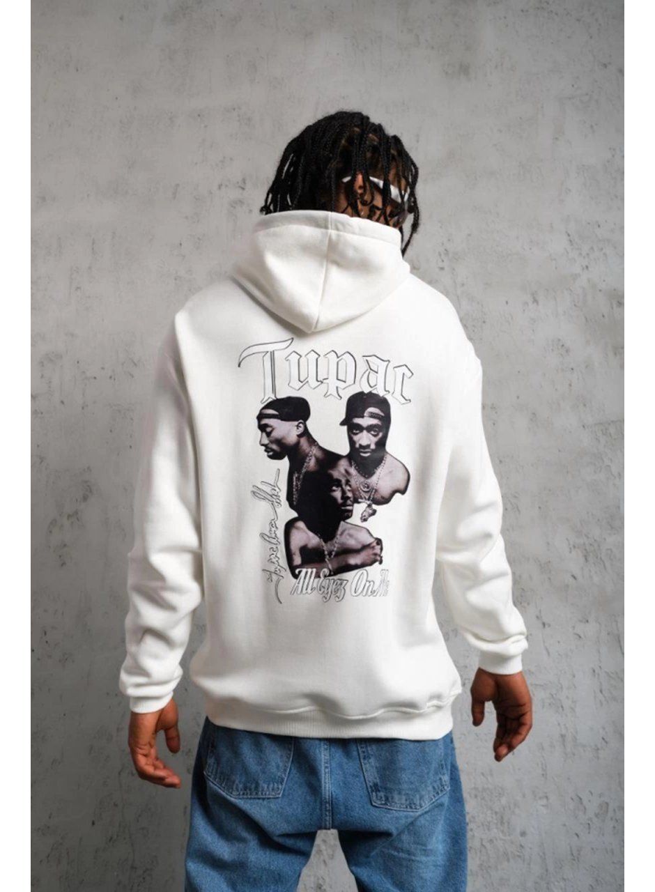 Erkek Oversize Üç İplik Kapüşonlu Sweat – Kol Ve Etek Ribana Detaylı, Ön Ve Sırt Baskılı, Kanguru Cepli Rahat Kalıp Model - Beyaz