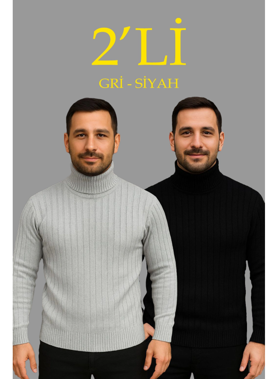 Erkek Fitilli Triko Kazak 2li Set Gri Siyah Regular Balıkcı Yaka Tam Boğazlı Triko Seti Modeli Kazak