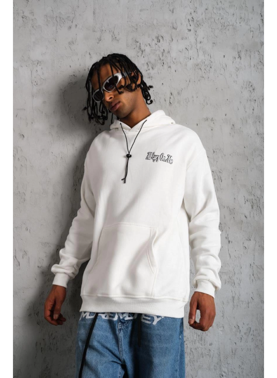 Erkek Oversize Üç İplik Kapüşonlu Sweat – Kol Ve Etek Ribana Detaylı, Ön Ve Sırt Baskılı, Kanguru Cepli Rahat Kalıp Model - Beyaz