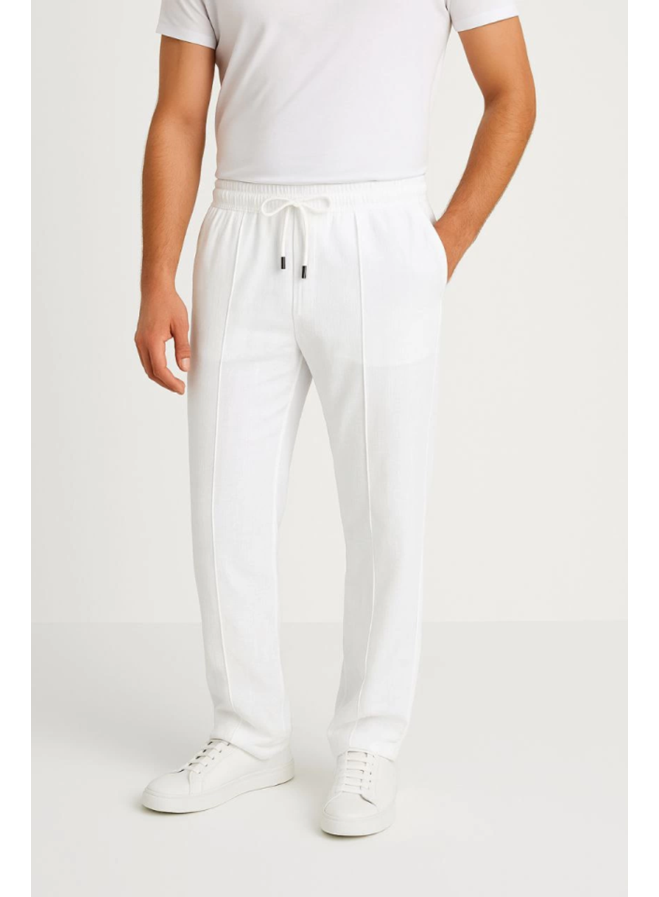 Erkek Keten Pantolon – Cepli, Beli Lastikli Ve Bağcıklı, Nefes Alan Rahat Kalıp, Yazlık Ve Baharlık Günlük Giyim, Şık - Konforlu Boru Paça Model - Beyaz