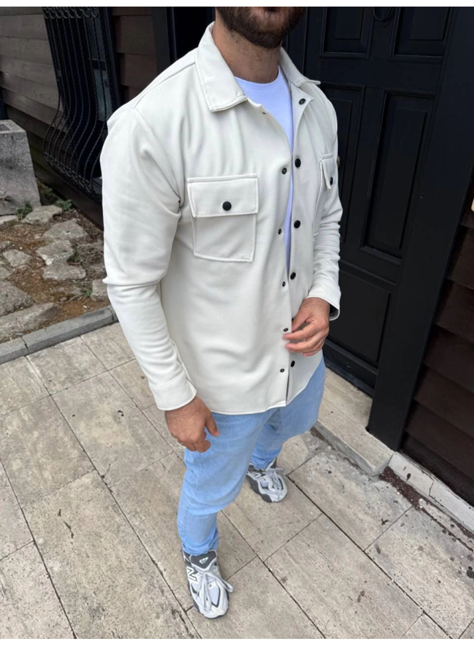 Erkek Diagonal Kumaş Cepli Çıtçıtlı Uzun Kollu, Gömlek Oversize Rahat Kalıp Günlük Şık Stil - Beyaz