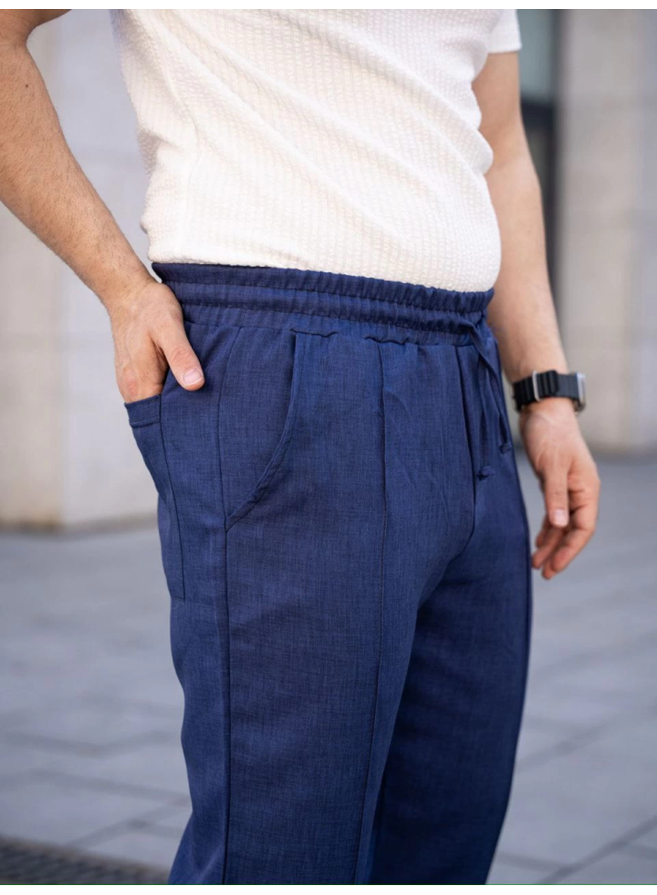 Erkek Keten Cepli Çıma Dikişli Jogger Buggy Pantalon Rahat Kalıp - Lacivert