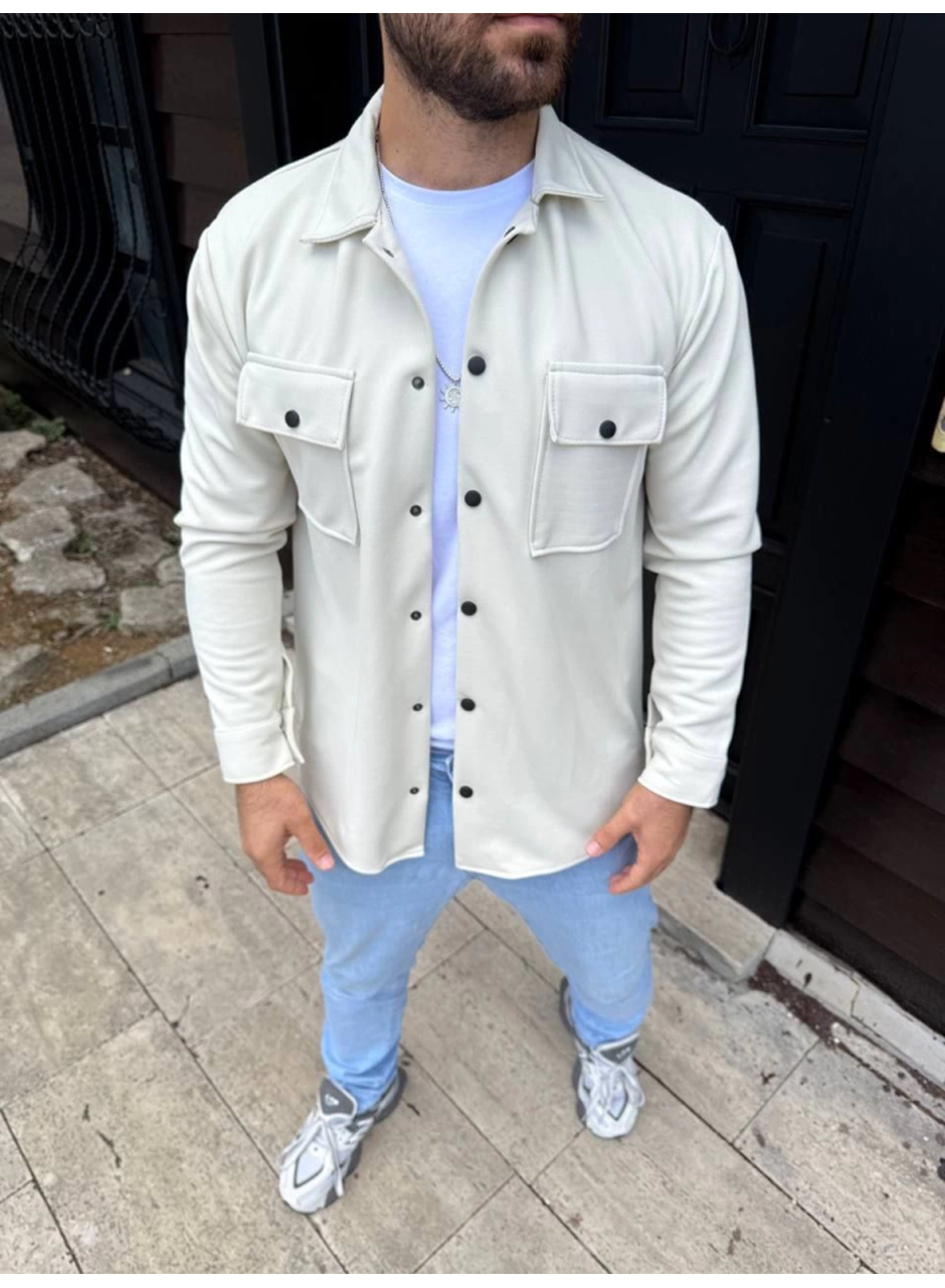 Erkek Diagonal Kumaş Cepli Çıtçıtlı Uzun Kollu, Gömlek Oversize Rahat Kalıp Günlük Şık Stil - Beyaz