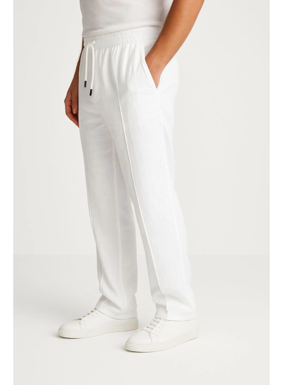 Erkek Keten Pantolon – Cepli, Beli Lastikli Ve Bağcıklı, Nefes Alan Rahat Kalıp, Yazlık Ve Baharlık Günlük Giyim, Şık - Konforlu Boru Paça Model - Beyaz