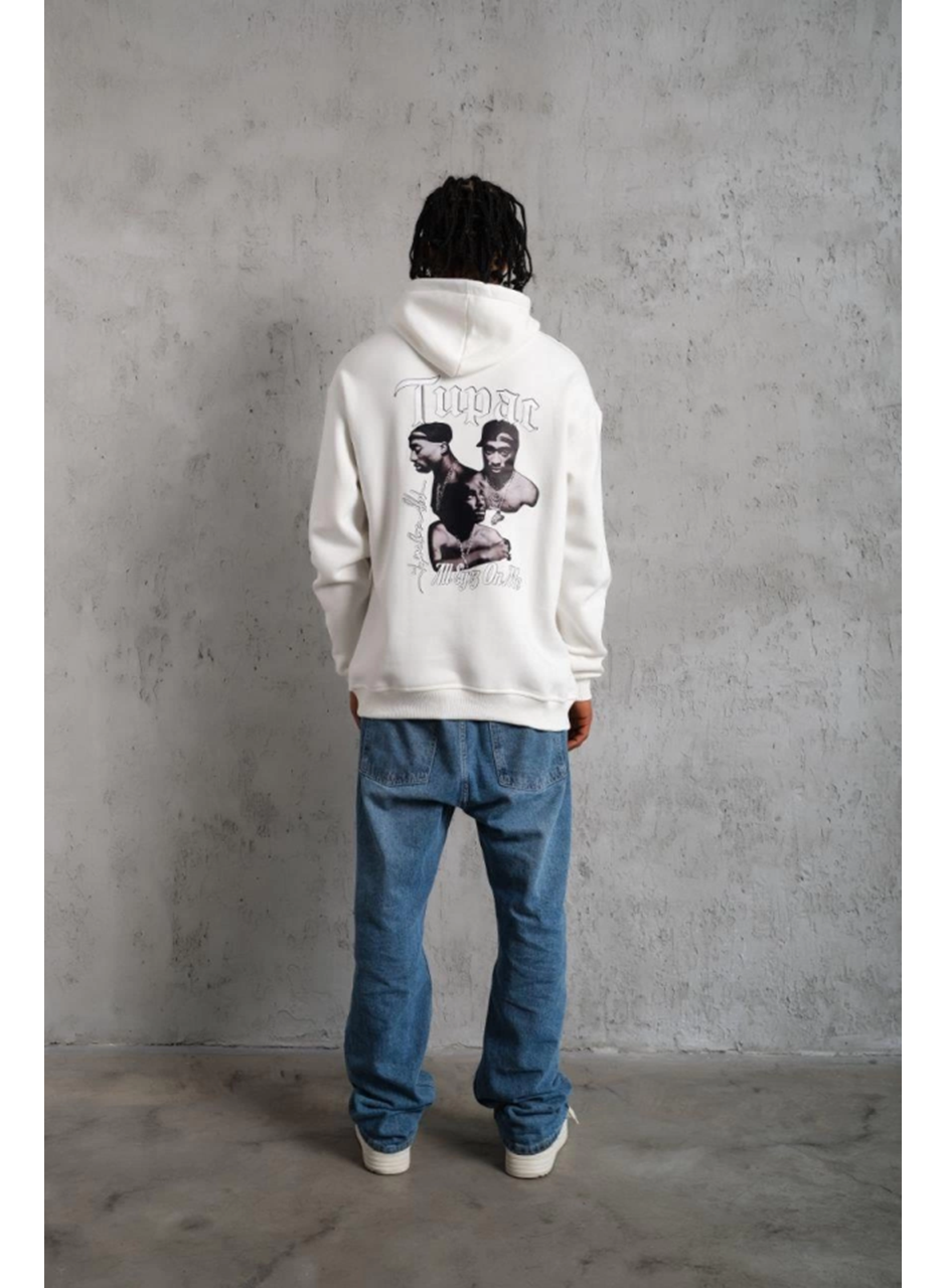 Erkek Oversize Üç İplik Kapüşonlu Sweat – Kol Ve Etek Ribana Detaylı, Ön Ve Sırt Baskılı, Kanguru Cepli Rahat Kalıp Model - Beyaz