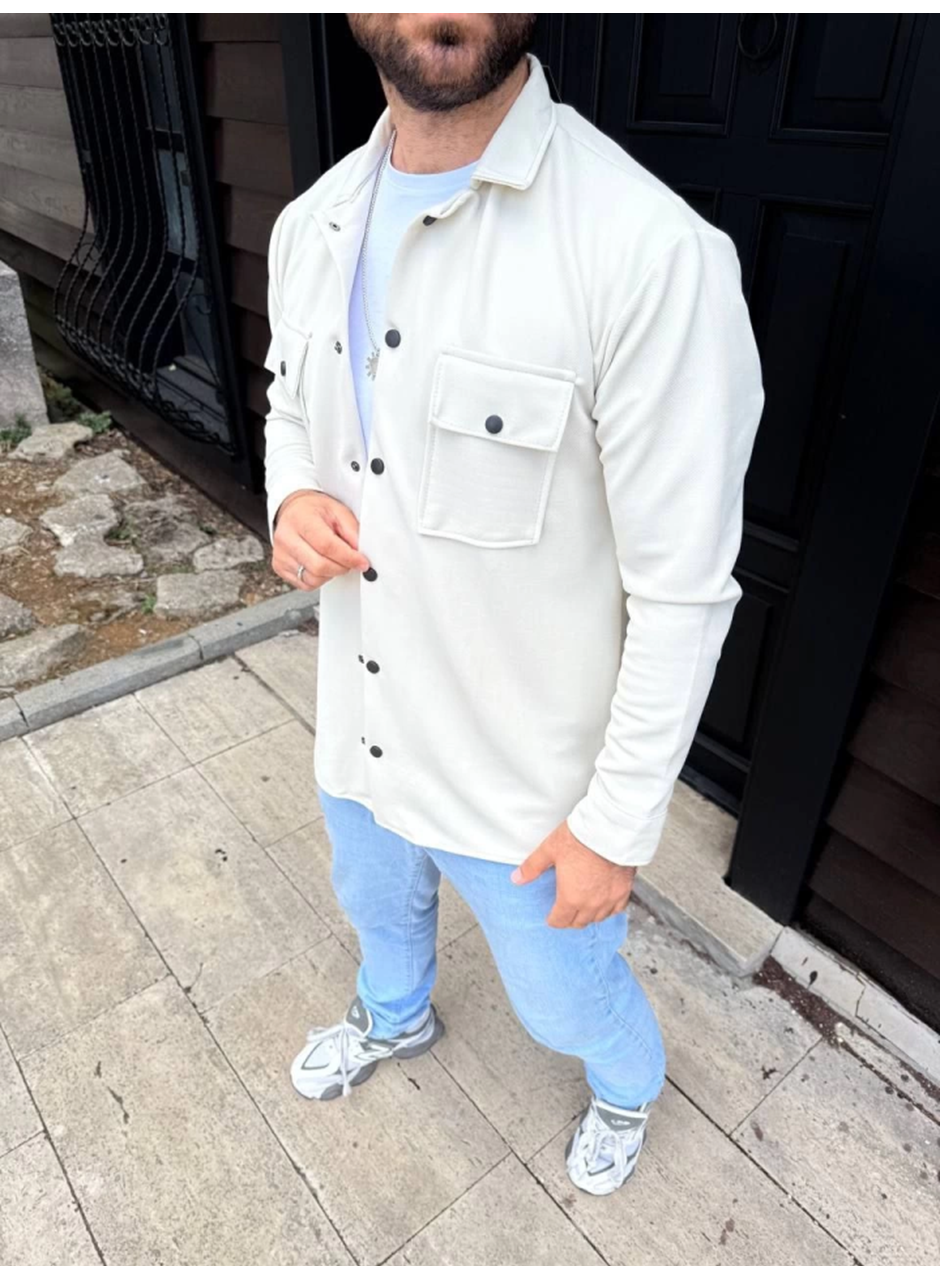 Erkek Diagonal Kumaş Cepli Çıtçıtlı Uzun Kollu, Gömlek Oversize Rahat Kalıp Günlük Şık Stil - Beyaz