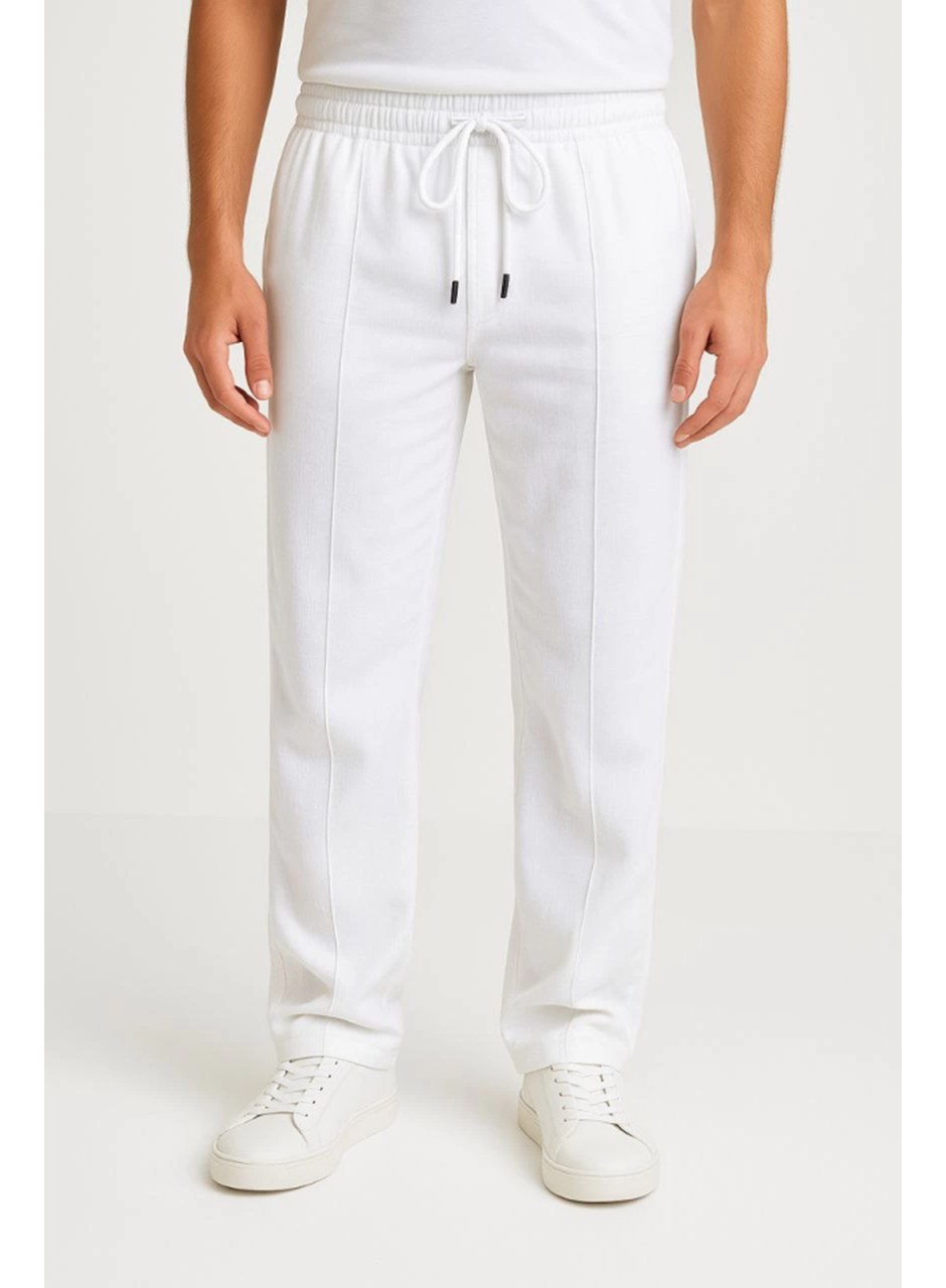 Erkek Keten Pantolon – Cepli, Beli Lastikli Ve Bağcıklı, Nefes Alan Rahat Kalıp, Yazlık Ve Baharlık Günlük Giyim, Şık - Konforlu Boru Paça Model - Beyaz
