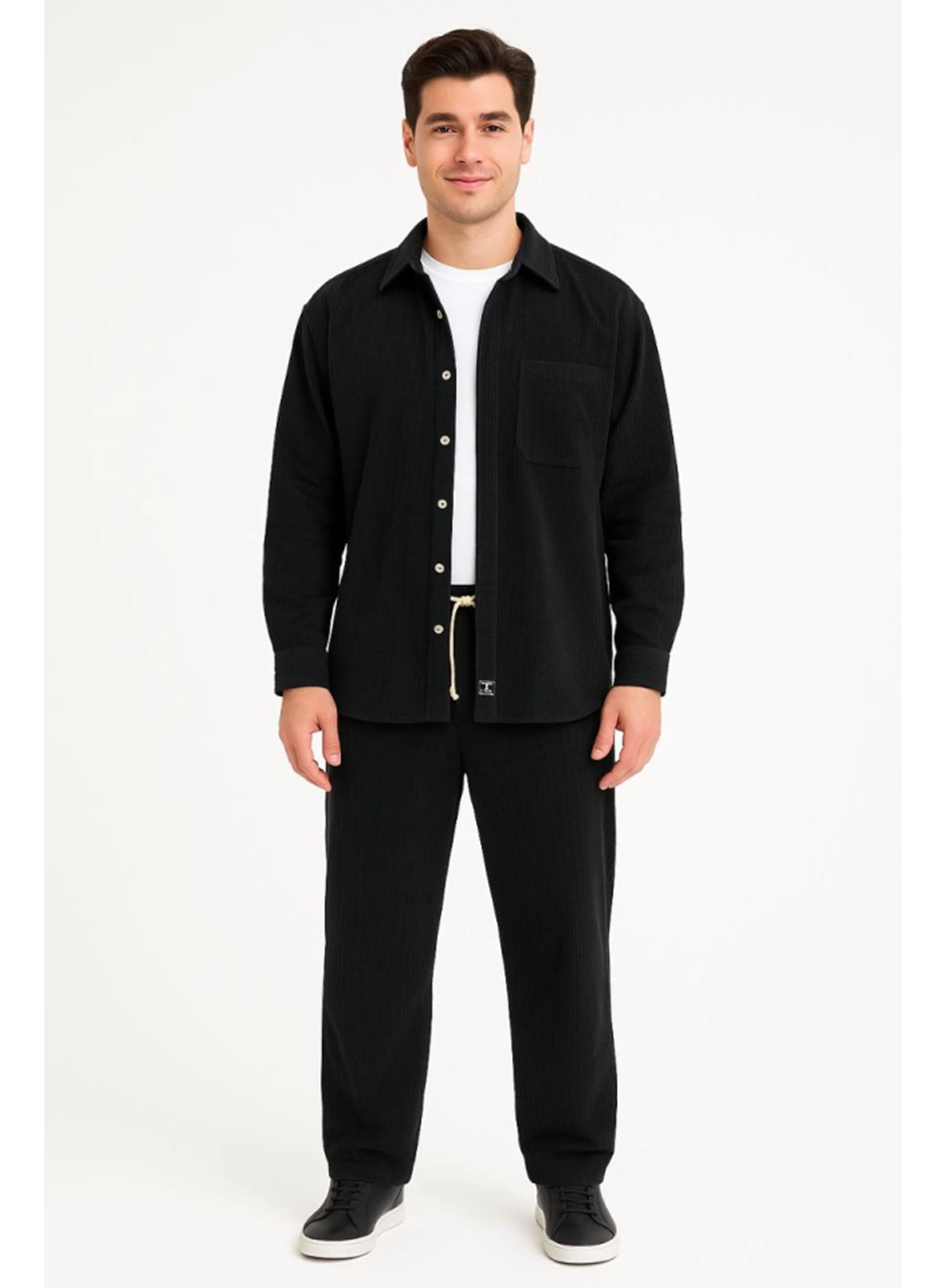 Erkek Kadife Oversize Takım – Gömlek Ve Pantolon İkili Set Füme Corduroy Şıklığı, Rahat Ve Zarif Duruş Yumuşak Dokulu Kadife Kumaş, Düğmeli Gömlek Üst Ve Lastikli Pantolon Alt Parça Ile Gün Boyu Konfor- Siyah