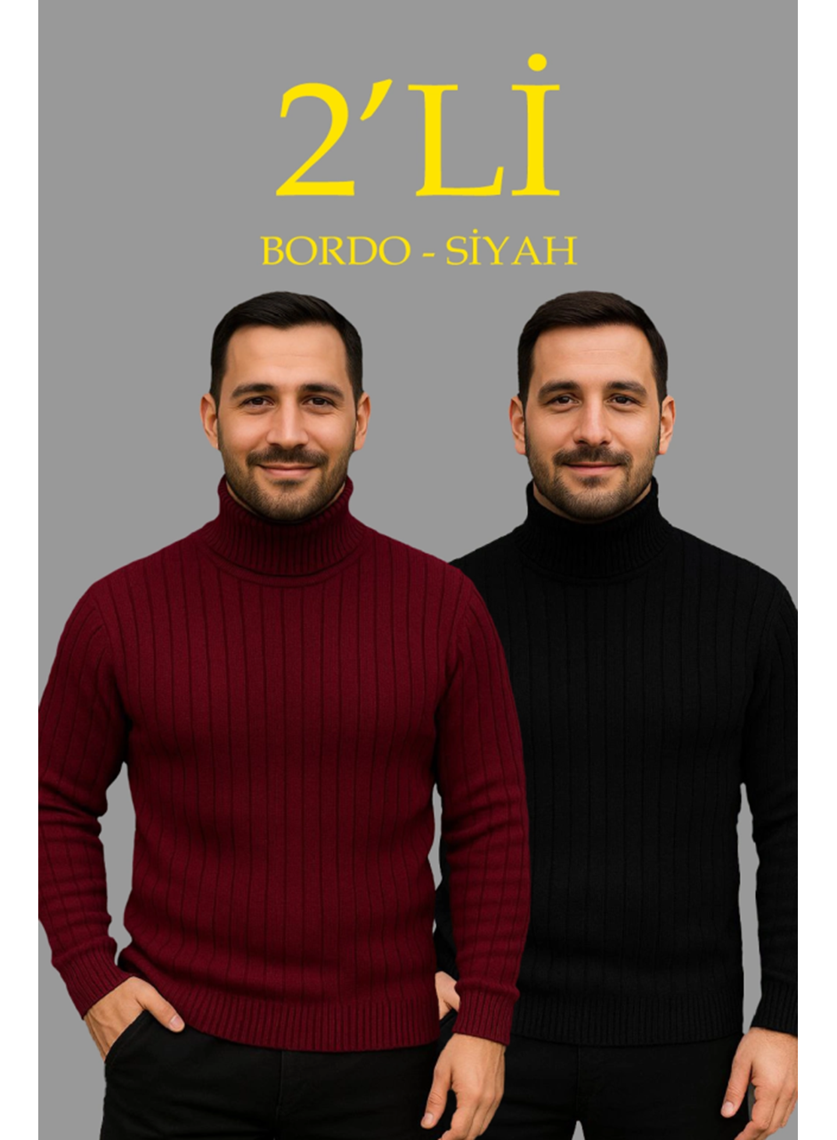 Erkek Fitilli Triko Kazak 2li Set Bordo Siyah Regular Balıkcı Yaka Tam Boğazlı Triko Seti Modeli Kazak