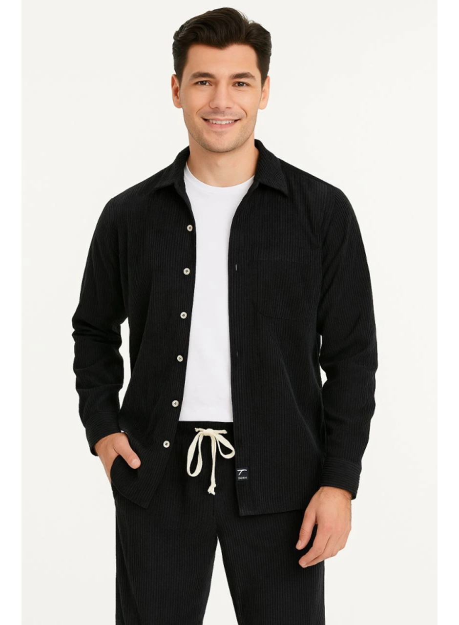Erkek Kadife Oversize Takım – Gömlek Ve Pantolon İkili Set Füme Corduroy Şıklığı, Rahat Ve Zarif Duruş Yumuşak Dokulu Kadife Kumaş, Düğmeli Gömlek Üst Ve Lastikli Pantolon Alt Parça Ile Gün Boyu Konfor- Siyah