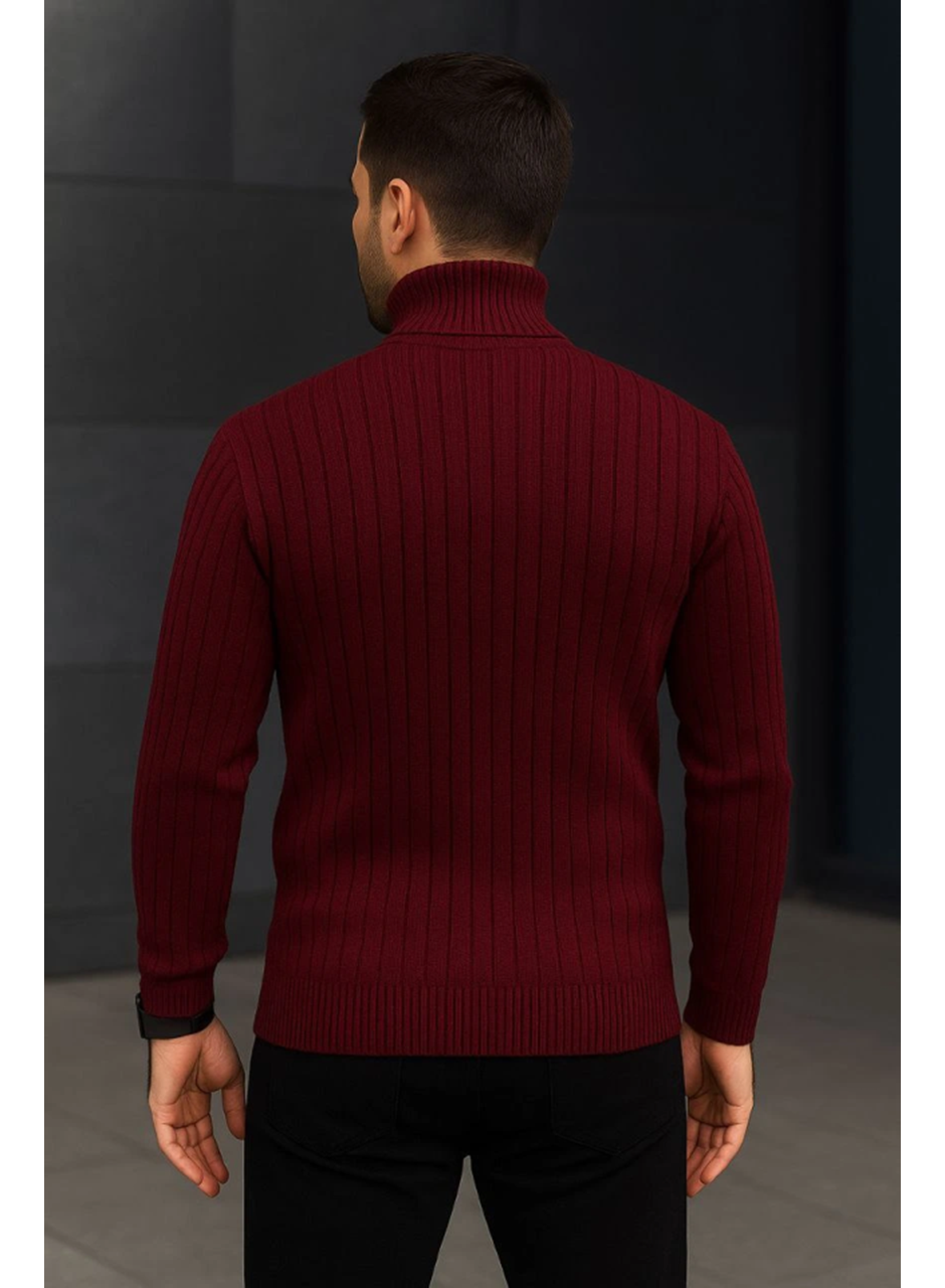 Erkek Fitilli Triko Kazak 2li Set Bordo Siyah Regular Balıkcı Yaka Tam Boğazlı Triko Seti Modeli Kazak