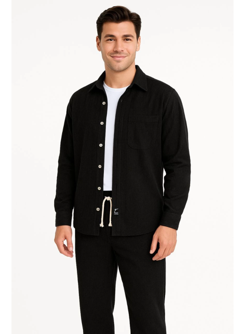Erkek Kadife Oversize Takım – Gömlek Ve Pantolon İkili Set Füme Corduroy Şıklığı, Rahat Ve Zarif Duruş Yumuşak Dokulu Kadife Kumaş, Düğmeli Gömlek Üst Ve Lastikli Pantolon Alt Parça Ile Gün Boyu Konfor- Siyah