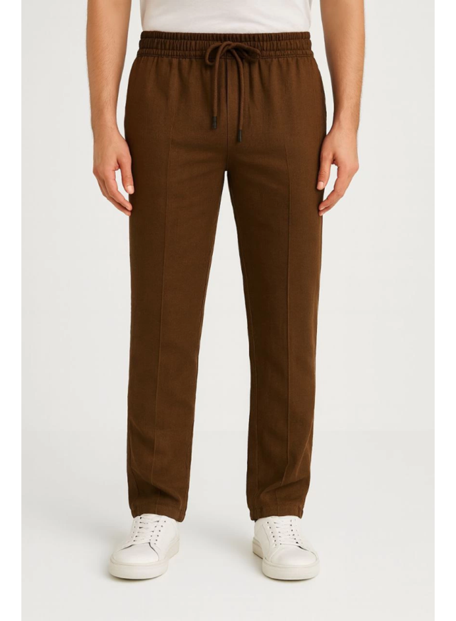 Erkek Keten Pantolon – Cepli, Beli Lastikli Ve Bağcıklı, Nefes Alan Rahat Kalıp, Yazlık Ve Baharlık Günlük Giyim, Şık - Konforlu Boru Paça Model - Kahverengi