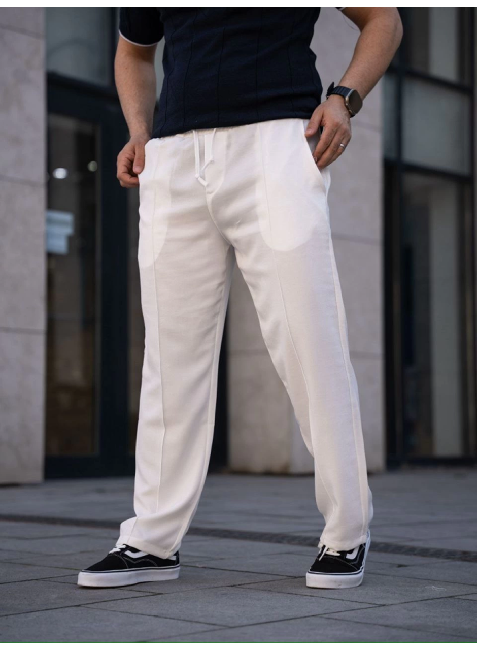 Erkek Keten Cepli Çıma Dikişli Jogger Buggy Pantalon Rahat Kalıp - Beyaz