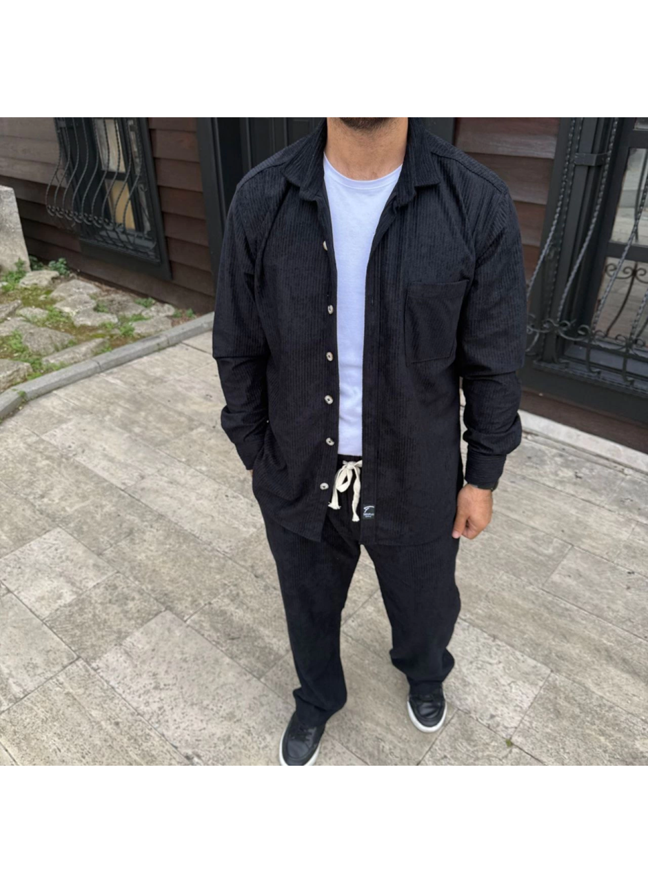 Erkek Kadife Oversize Takım – Gömlek Ve Pantolon İkili Set Füme Corduroy Şıklığı, Rahat Ve Zarif Duruş Yumuşak Dokulu Kadife Kumaş, Düğmeli Gömlek Üst Ve Lastikli Pantolon Alt Parça Ile Gün Boyu Konfor- Siyah