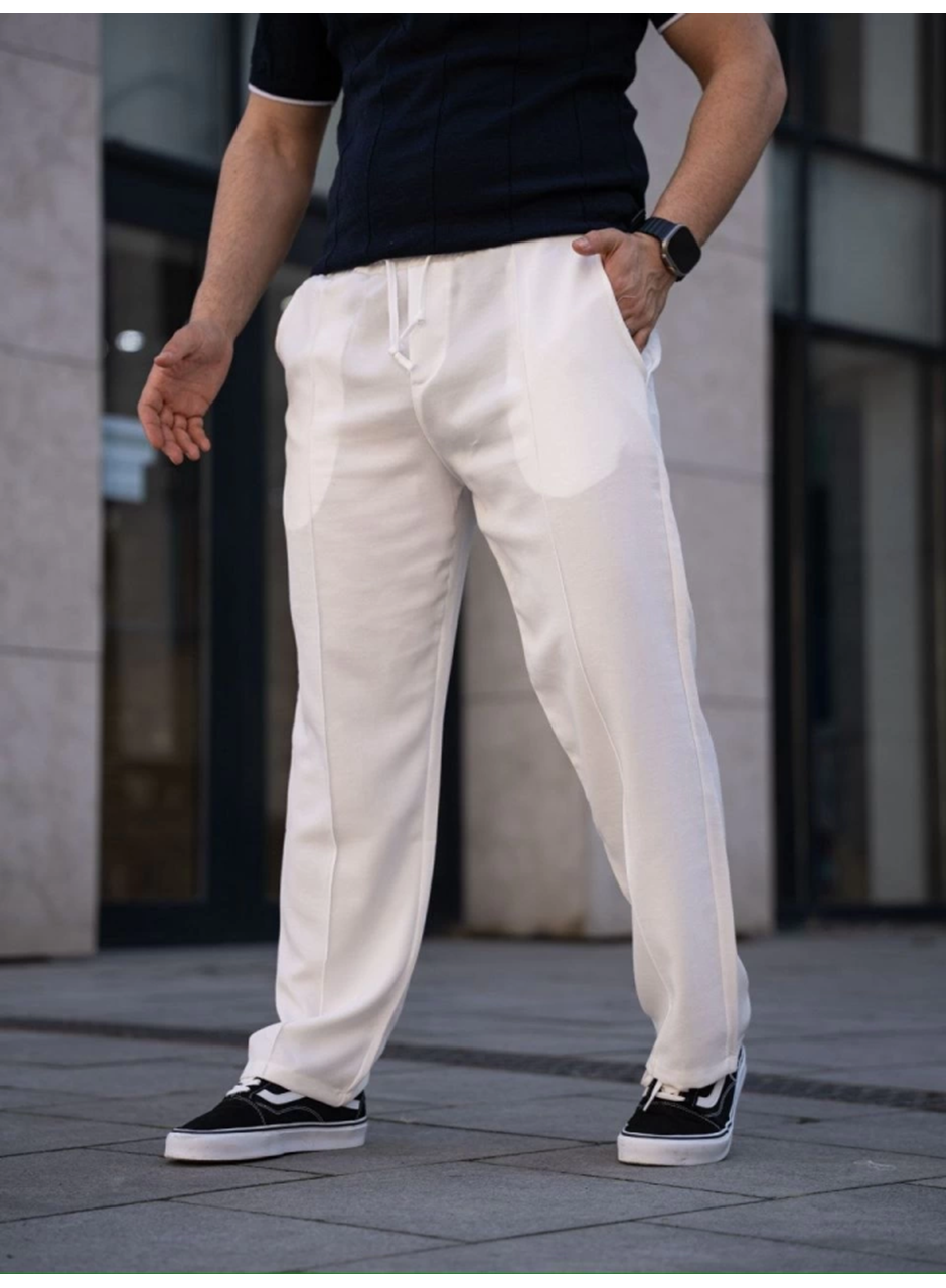 Erkek Keten Cepli Çıma Dikişli Jogger Buggy Pantalon Rahat Kalıp - Beyaz