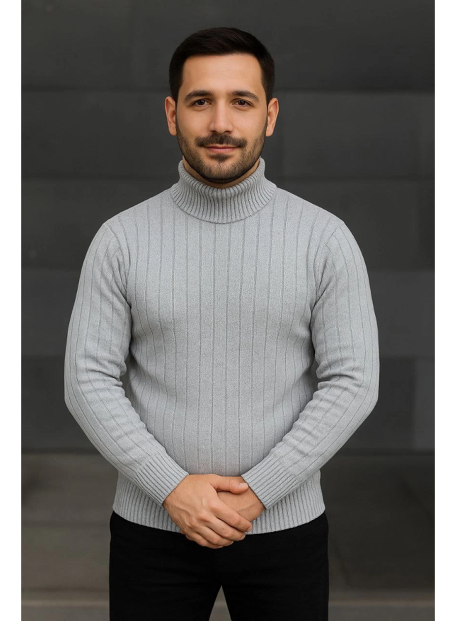Erkek Balıkcı Yaka Bağazlı Triko Kazak Pamuklu Kalın Fitilli Dokuma, Regular Fit Uzun Kollu Kışlık Model - Gri