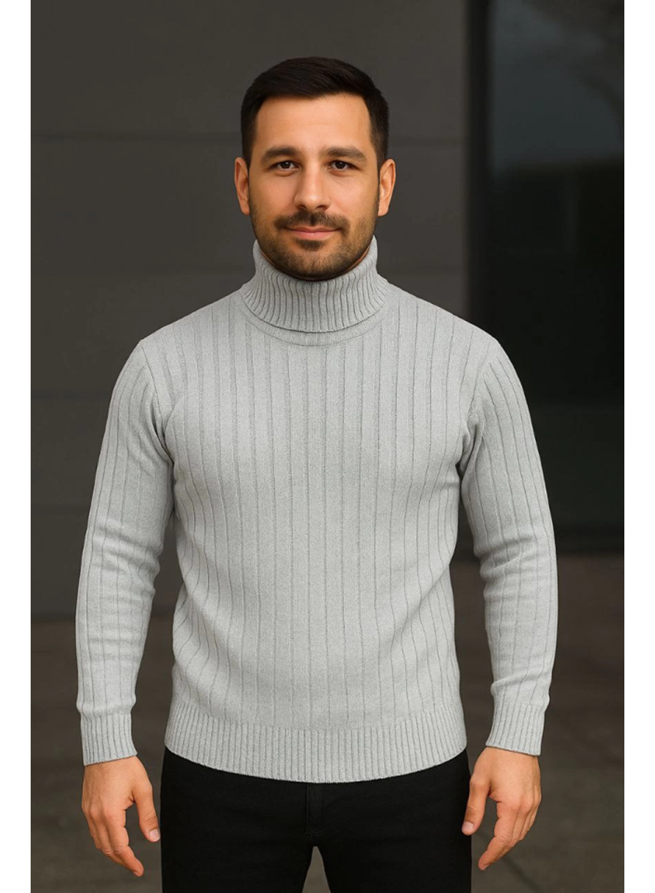 Erkek Balıkcı Yaka Bağazlı Triko Kazak Pamuklu Kalın Fitilli Dokuma, Regular Fit Uzun Kollu Kışlık Model - Gri