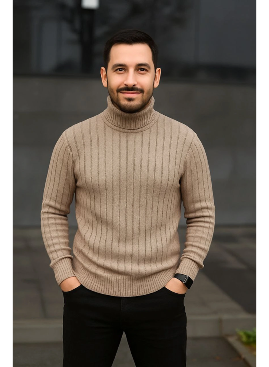 Erkek Fitilli Triko Kazak 2li Set Bej Siyah Regular Balıkcı Yaka Tam Boğazlı Triko Seti Modeli Kazak