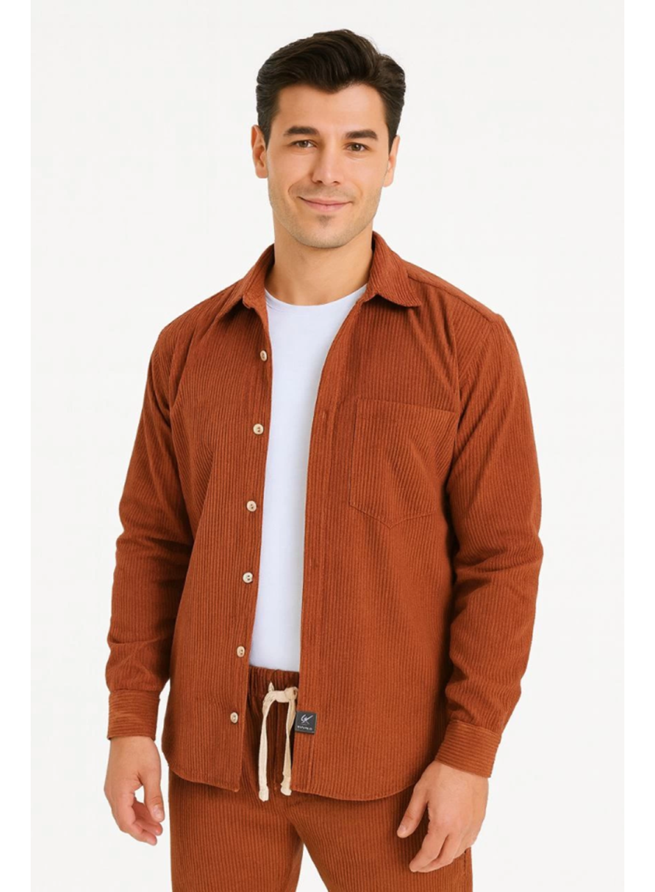 Erkek Kadife Oversize Takım – Gömlek Ve Pantolon İkili Set Füme Corduroy Şıklığı, Rahat Ve Zarif Duruş Yumuşak Dokulu Kadife Kumaş, Düğmeli Gömlek Üst Ve Lastikli Pantolon Alt Parça Ile Gün Boyu Konfor- Kiremit