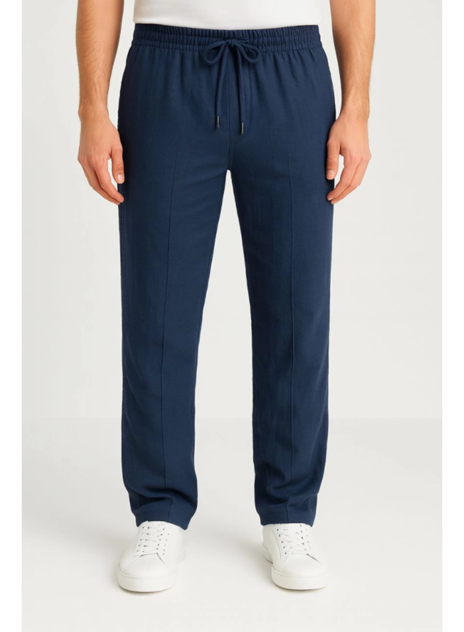 Erkek Keten Pantolon – Cepli, Beli Lastikli Ve Bağcıklı, Nefes Alan Rahat Kalıp, Yazlık Ve Baharlık Günlük Giyim, Şık - Konforlu Boru Paça Model - Lacivert