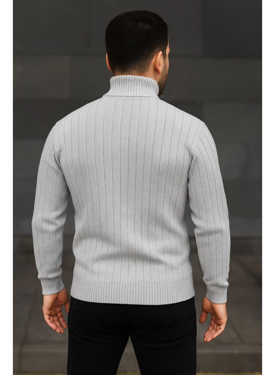 Erkek Balıkcı Yaka Bağazlı Triko Kazak Pamuklu Kalın Fitilli Dokuma, Regular Fit Uzun Kollu Kışlık Model - Gri