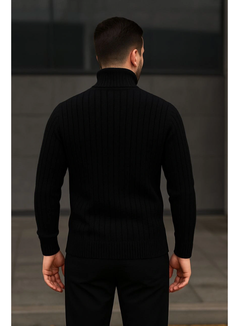 Erkek Fitilli Triko Kazak 2li Set Bej Siyah Regular Balıkcı Yaka Tam Boğazlı Triko Seti Modeli Kazak