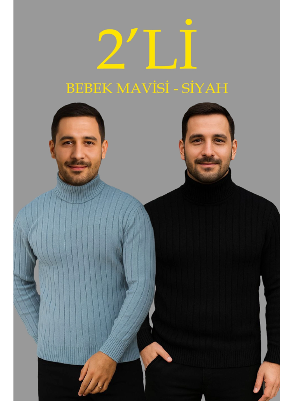 Erkek Fitilli Triko Kazak 2li Set Bebek Mavisi Siyah Regular Balıkcı Yaka Tam Boğazlı Triko Seti Modeli Kazak