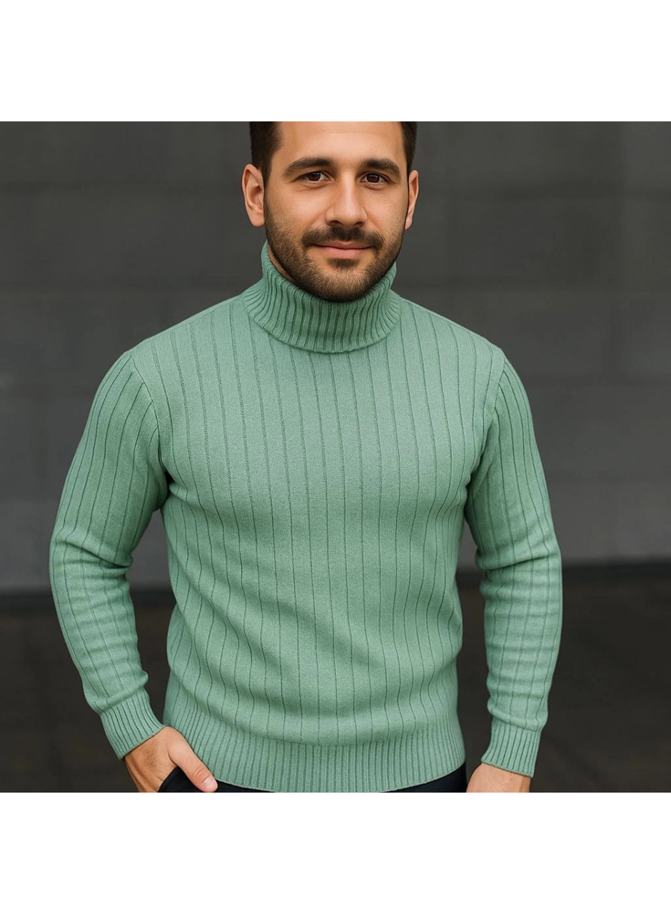 Erkek Balıkcı Yaka Bağazlı Triko Kazak Pamuklu Kalın Fitilli Dokuma, Regular Fit Uzun Kollu Kışlık Model - Mint Yeşili
