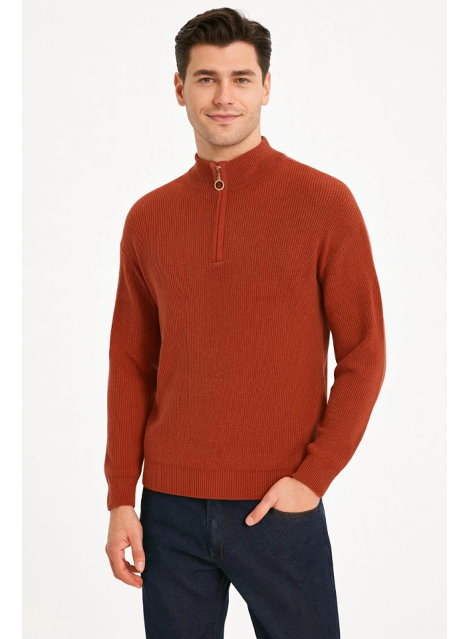Erkek Yarım Fermuarlı Triko Kazak – Selanik Örgü, Dik Yaka, Pamuklu Dokuma, Regular Fit Uzun Kollu Kışlık Model - Kiremit