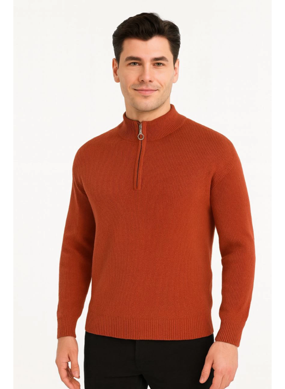 Erkek Yarım Fermuarlı Triko Kazak – Selanik Örgü, Dik Yaka, Pamuklu Dokuma, Regular Fit Uzun Kollu Kışlık Model - Kiremit