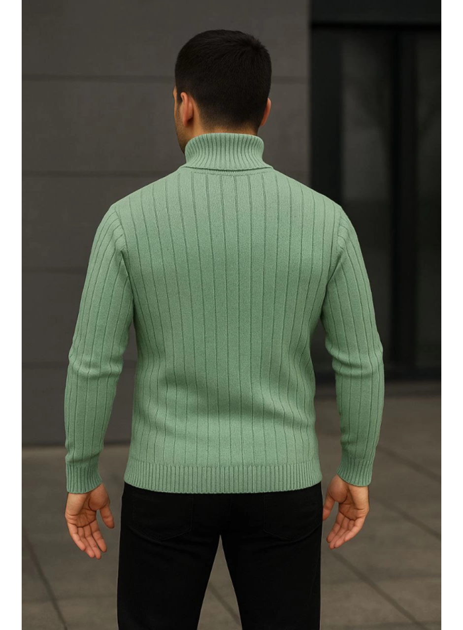 Erkek Balıkcı Yaka Bağazlı Triko Kazak Pamuklu Kalın Fitilli Dokuma, Regular Fit Uzun Kollu Kışlık Model - Mint Yeşili