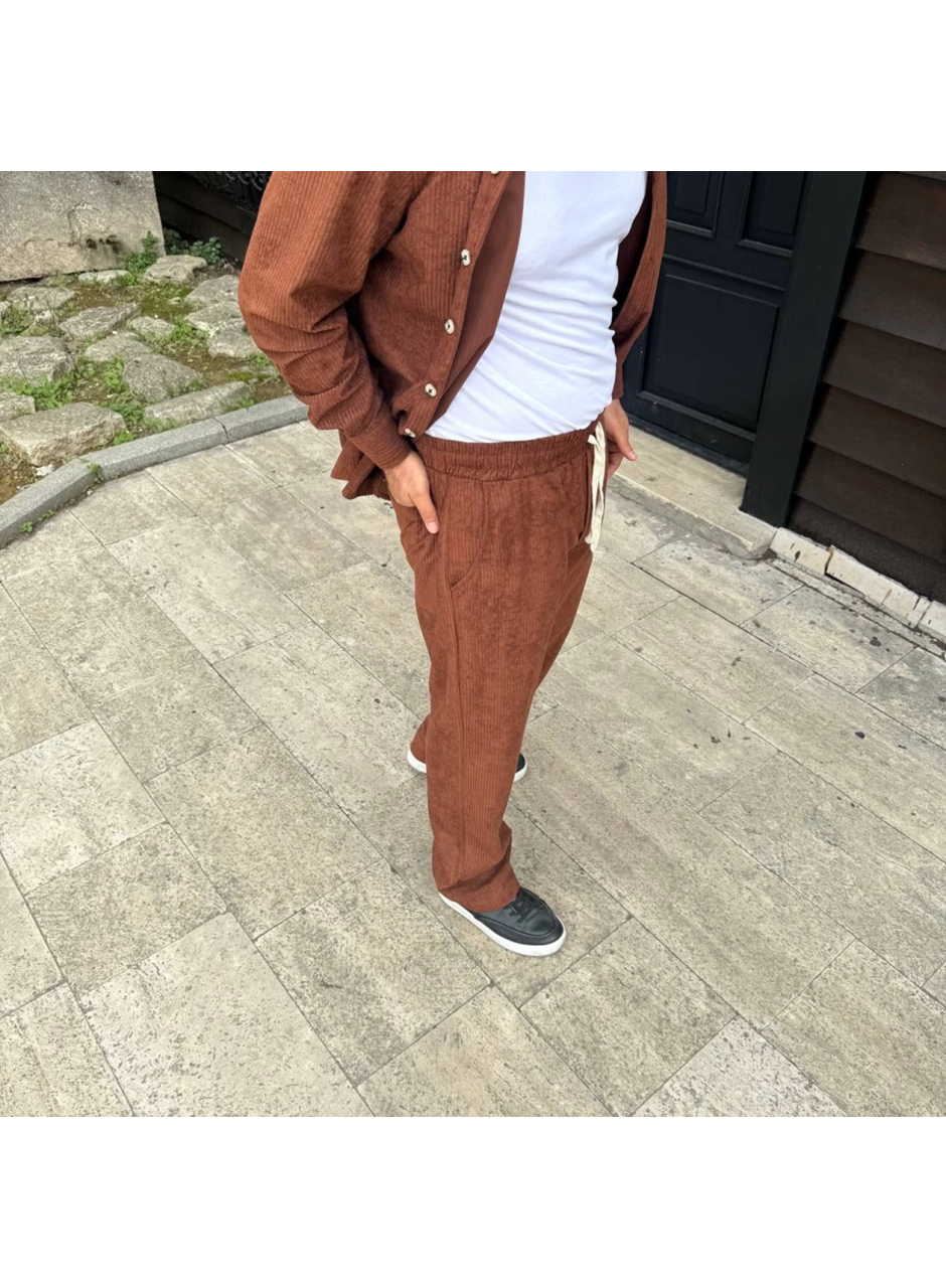 Erkek Fitilli Kadife Cepli Buggy Pantolon Oversize Rahat Kalıp - Kahverengi