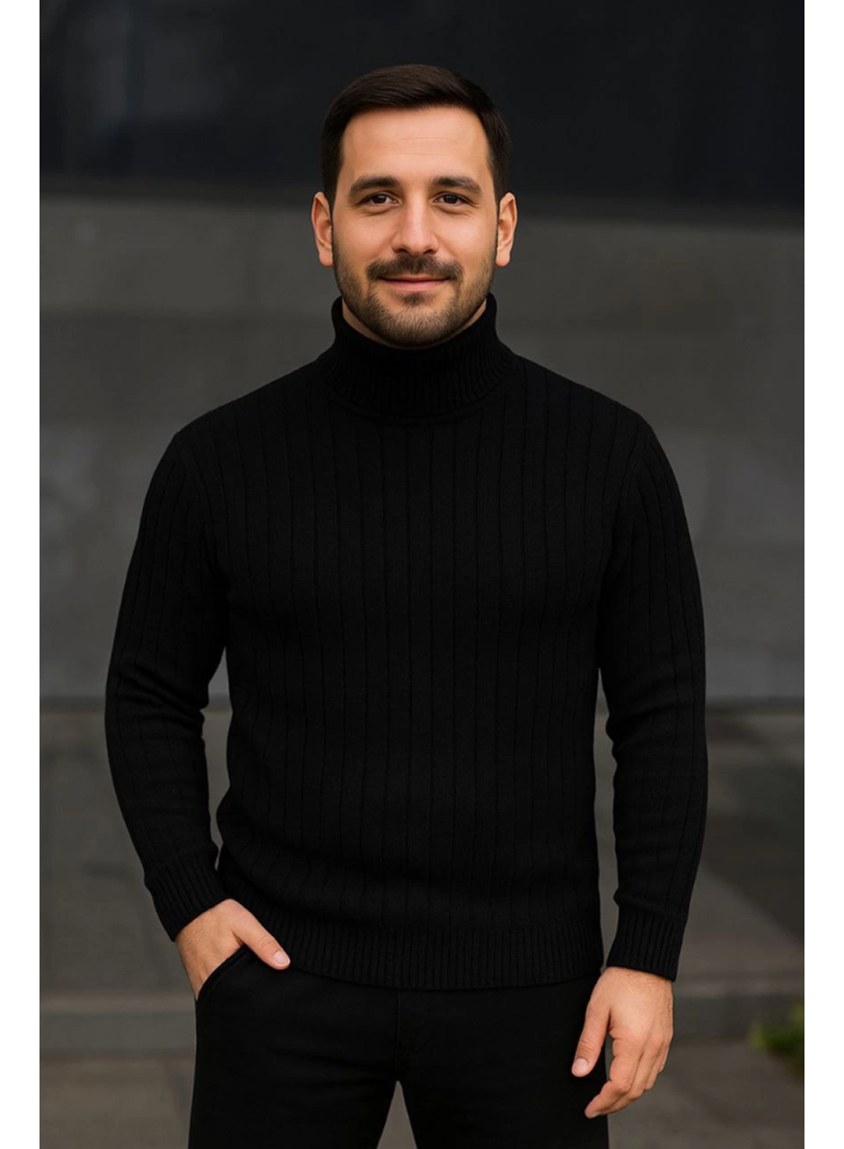Erkek Balıkcı Yaka Bağazlı Triko Kazak Pamuklu Kalın Fitilli Dokuma, Regular Fit Uzun Kollu Kışlık Model - Siyah