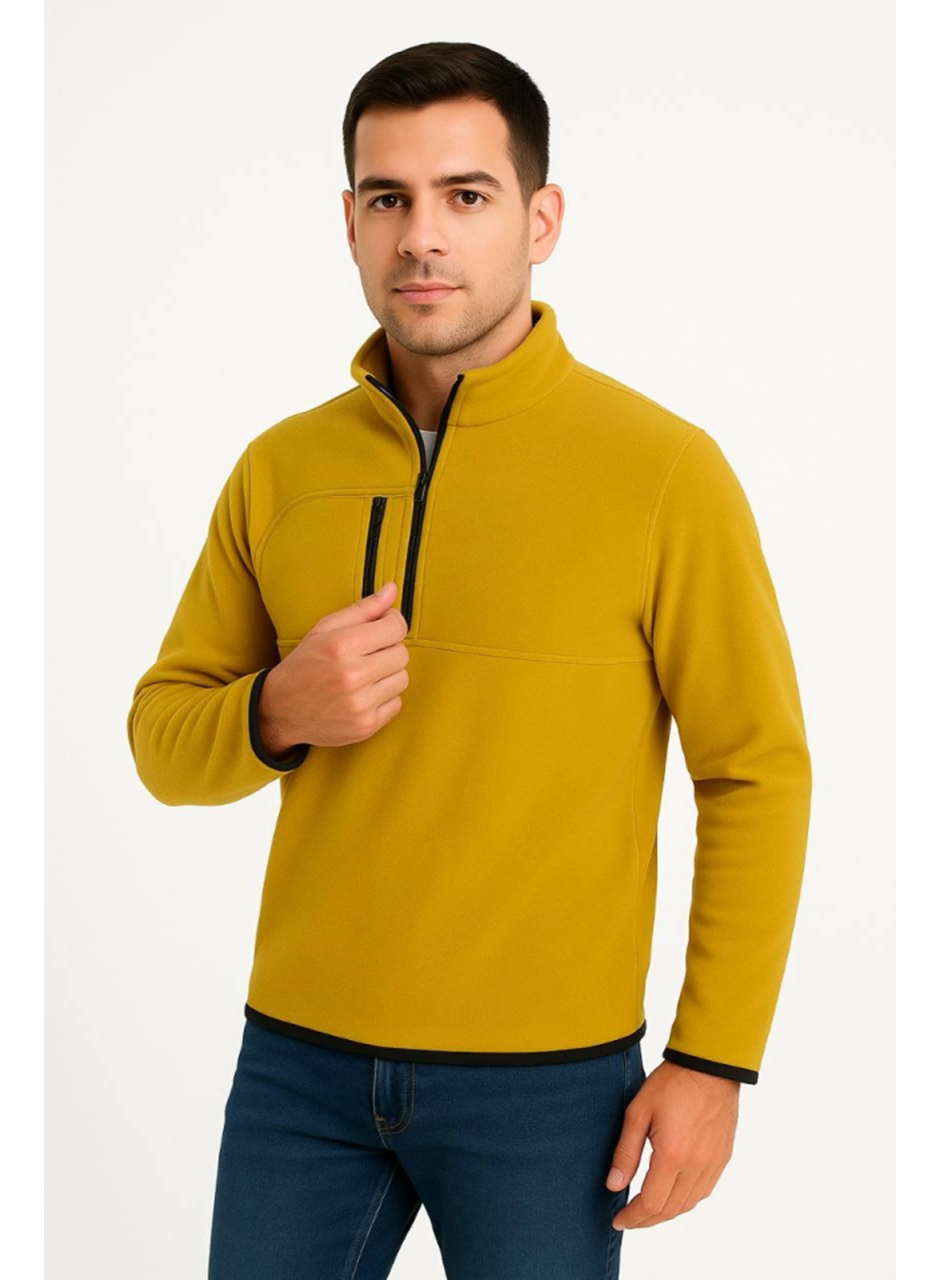 Erkek Polar Kazak – Dik Yaka, Yarım Fermuarlı, Fermuarlı Göğüs Cepli, Siyah Biyeli, Kışlık Rahat Regular Fit Günlük Model - Sarı